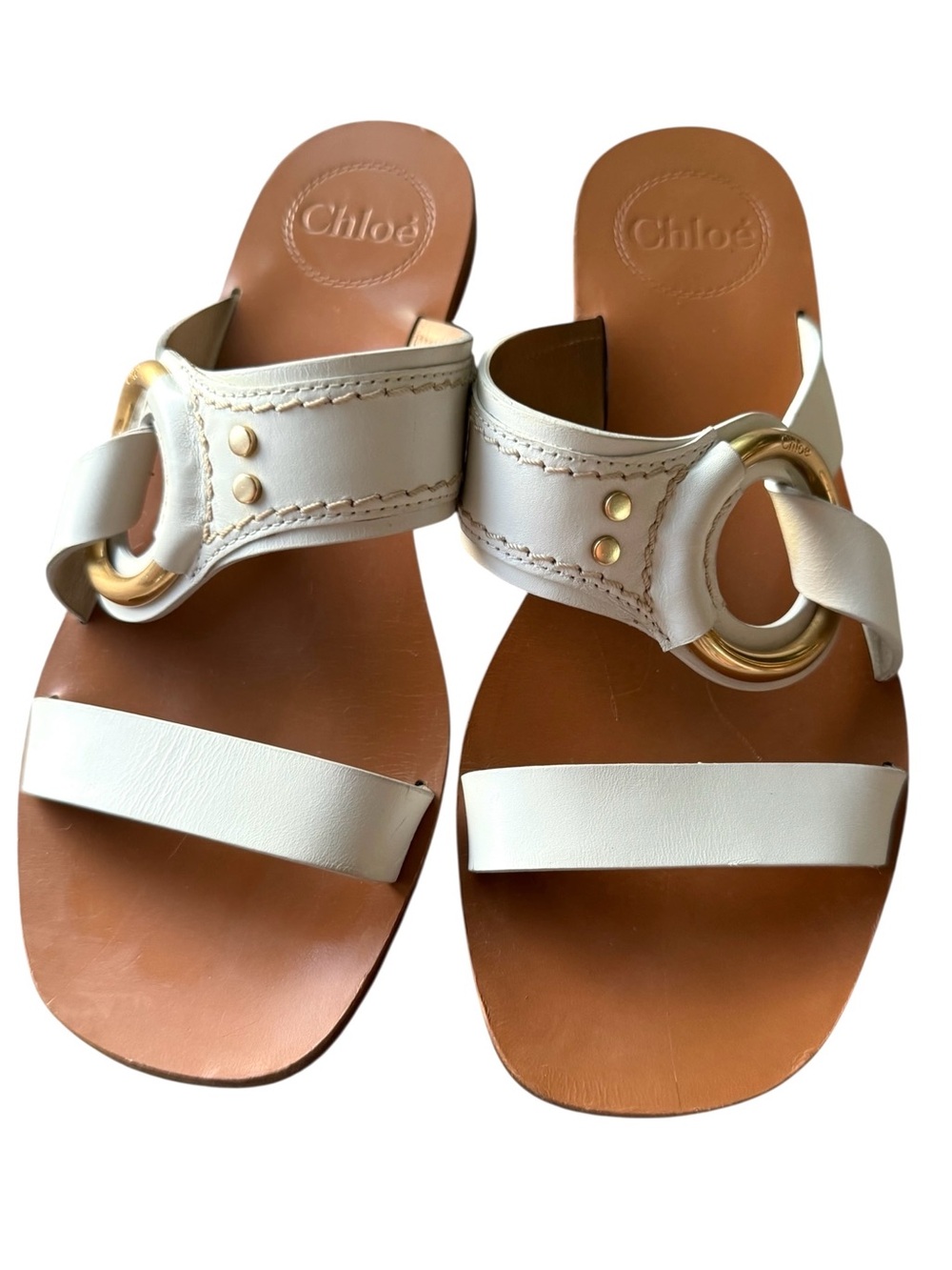 Chloé White Leather Ring Slide Sandals Gold Hardware Made in Italy Size 36 US 6